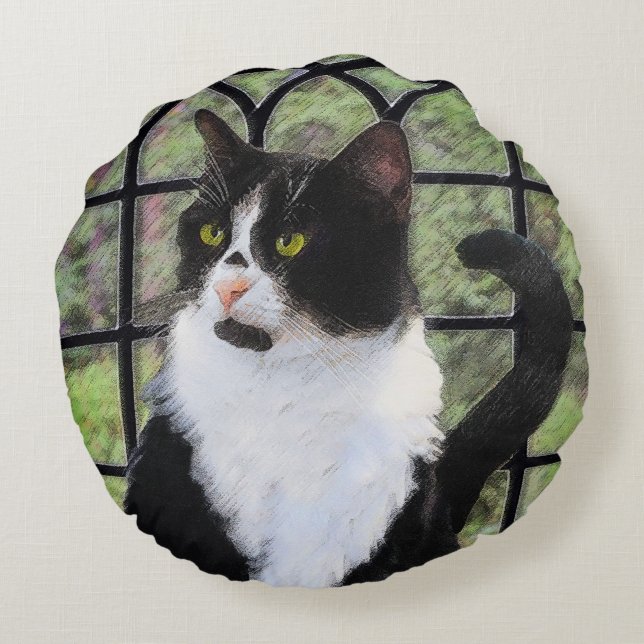 Tuxedo Cat in Window Painting Original Animal Art Round Pillow (Back)