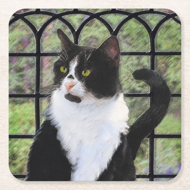 Tuxedo Cat in Window Painting Original Animal Art Square Paper Coaster (Front)
