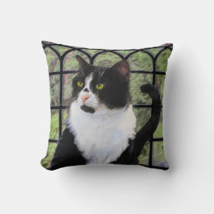 Tuxedo Cat in Window Painting Original Animal Art Throw Pillow