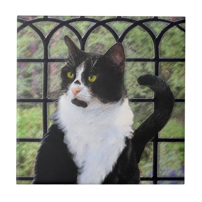Tuxedo Cat in Window Painting Original Animal Art Tile (Front)