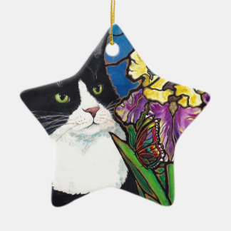 Tuxedo Cat Iris Flower Butterfly Stained Glass Ceramic Ornament