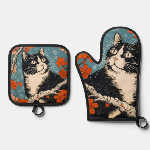 Tuxedo Cat Japanese Painting Oven Mitt & Pot Holder Set