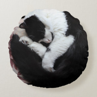 Tuxedo Cat Kitty Cats Black and White Caturday     Round Pillow