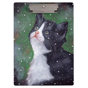 Tuxedo Cat Looking Up at Snow, Oil Pastel Art Clipboard