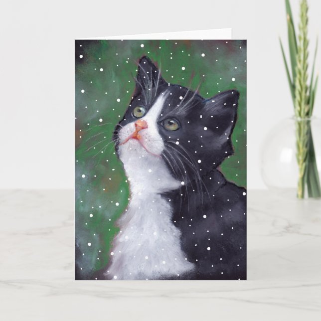 Tuxedo Cat Looking Up At Snowflakes, Art Holiday Card (Front)