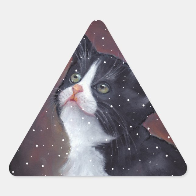 Tuxedo Cat Looking Up At Snowflakes, Painting Triangle Sticker (Front)