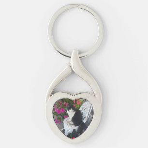 Tuxedo Cat Maroon Dark Pink Cats and Flowers Keychain