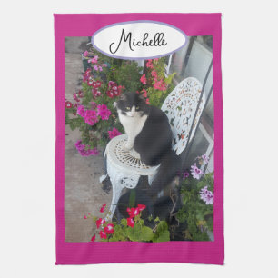 Tuxedo Cat Maroon Dark Pink Cats and Flowers Kitchen Towel