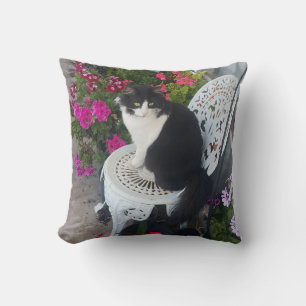 Tuxedo Cat Maroon Dark Pink Cats and Flowers Throw Pillow