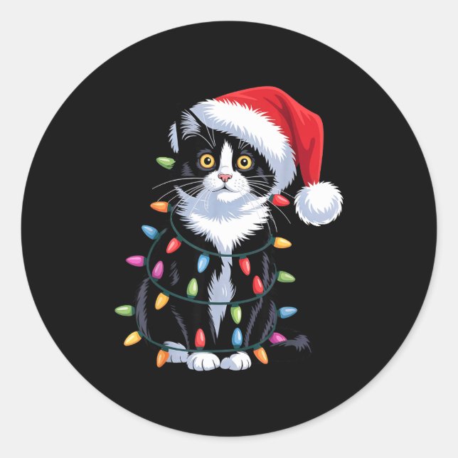 Tuxedo Cat Meow Santa Tuxie Christmas Tree  Classic Round Sticker (Front)