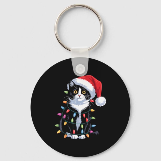 Tuxedo Cat Meow Santa Tuxie Christmas Tree  Keychain (Front)