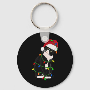 Tuxedo Cat Meow Santa Tuxie Christmas Tree Lights Keychain