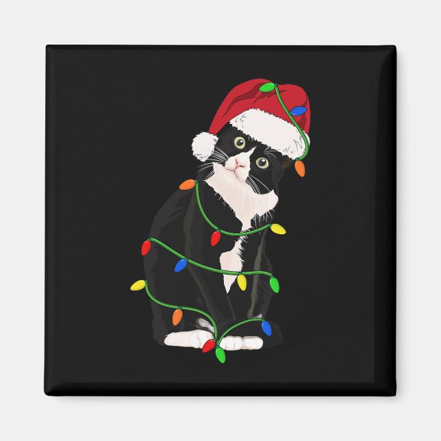Tuxedo Cat Meow Santa Tuxie Christmas Tree Lights  Magnet (Front)