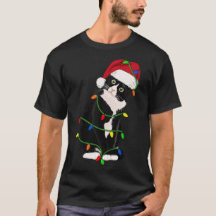 Tuxedo Cat Meow Santa Tuxie Christmas Tree Lights  T-Shirt
