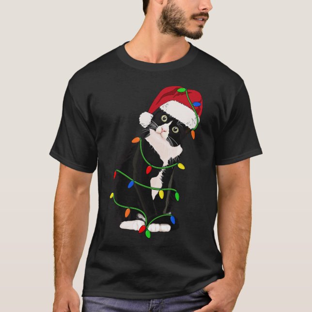 Tuxedo Cat Meow Santa Tuxie Christmas Tree Lights  T-Shirt (Front)