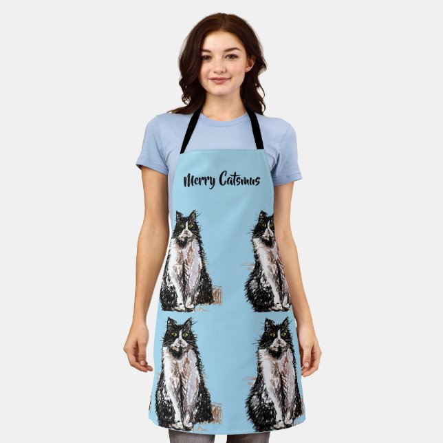 Tuxedo Cat Merry Catsmus Blue Christmas Apron (Worn)