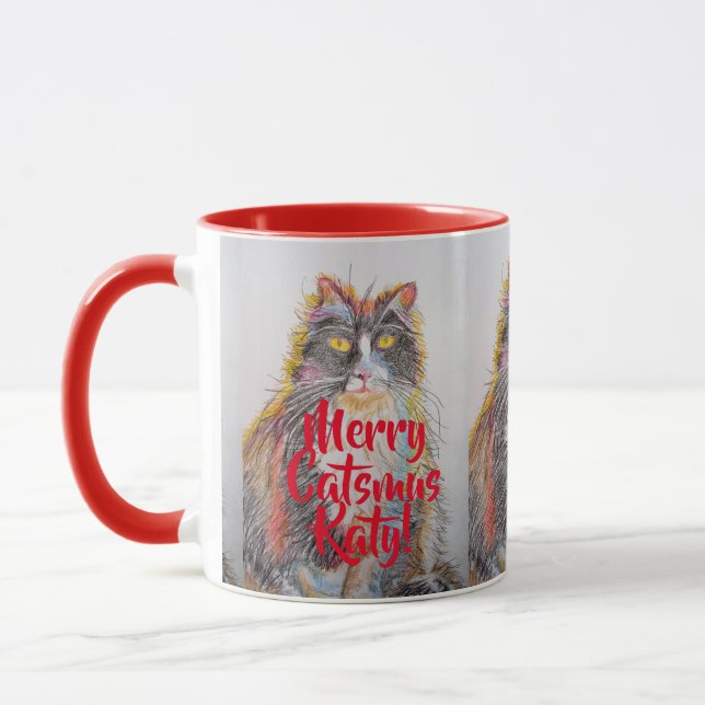 Tuxedo Cat Merry Catsmus Red Christmas Mug (Left)