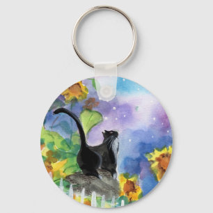 Tuxedo Cat Moon in Sunflowers Keychain