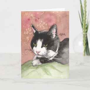 Tuxedo Cat Note Card Black White Cat Pink Green