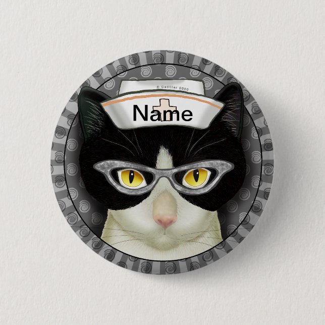 Tuxedo cat nurse  2 inch round button (Front)