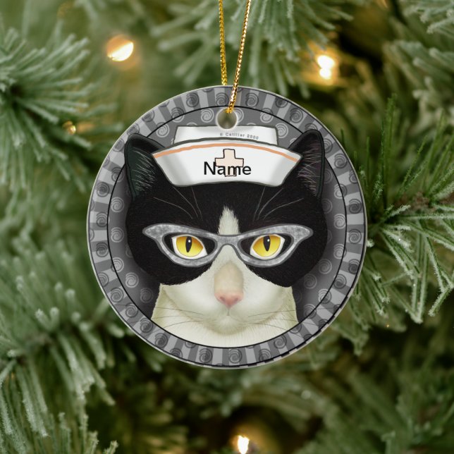Tuxedo cat nurse  ceramic ornament (Tree)