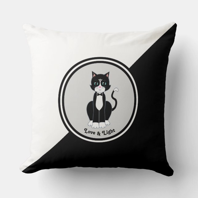Tuxedo Cat on Black and White Throw Pillow (Front)