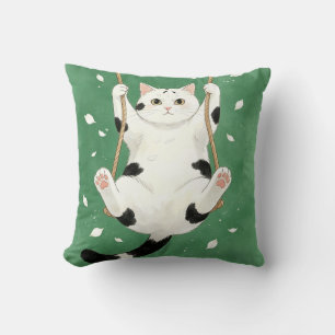 Tuxedo Cat on Swing Cat Lover Throw Pillow