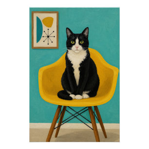 Tuxedo Cat On Yellow Mid Century Chair Poster