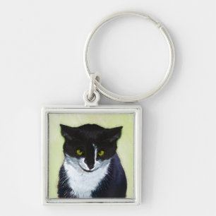 Tuxedo Cat Painting - Cute Original Cat Art Keychain