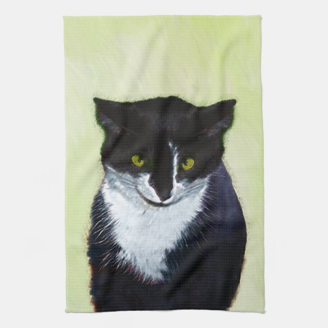 Tuxedo Cat Painting - Cute Original Cat Art Kitchen Towel (Vertical)