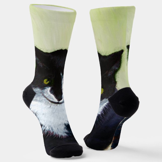 Tuxedo Cat Painting - Cute Original Cat Art Socks (Angled)