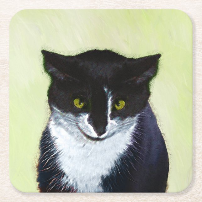 Tuxedo Cat Painting - Cute Original Cat Art Square Paper Coaster (Front)