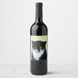 Tuxedo Cat Painting - Cute Original Cat Art Wine Label