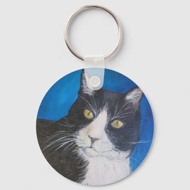 Tuxedo Cat Painting Key Chain (Front)