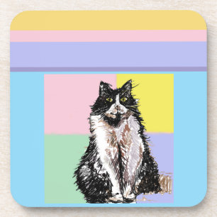 Tuxedo Cat Pastel Colors Pink Girls Name Coaster