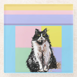 Tuxedo Cat Pastel Colors Pink Girls Name Glass Coaster