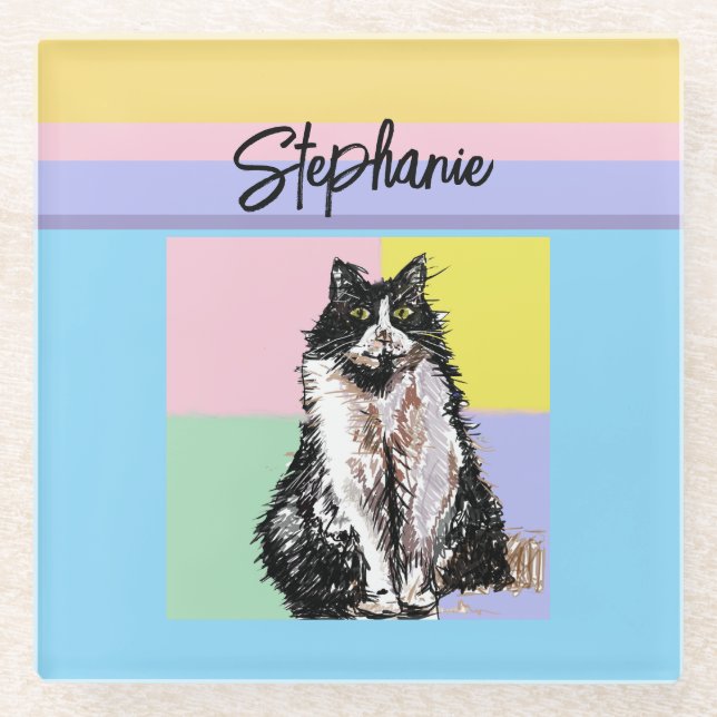 Tuxedo Cat Pastel Colors Pink Girls Name Glass Coaster (Front)