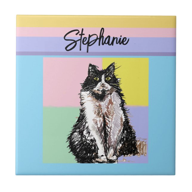 Tuxedo Cat Pastel Colors Pink Girls Name Tile (Front)