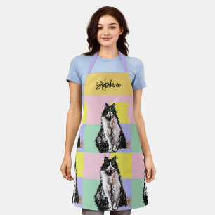 Tuxedo Cat Pastel Colours Pink Girls Name Apron