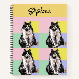 Tuxedo Cat Pastel Colours Pink Girls Name Notebook