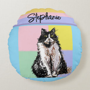 Tuxedo Cat Pastel Colours Pink Girls Name Round Pillow