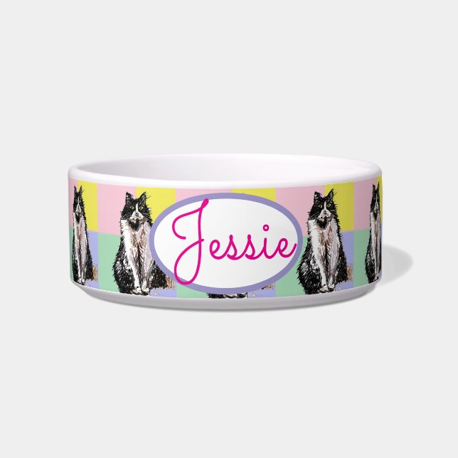 Tuxedo Cat Pastel Colours Pink Pet Name Bowl (Front)