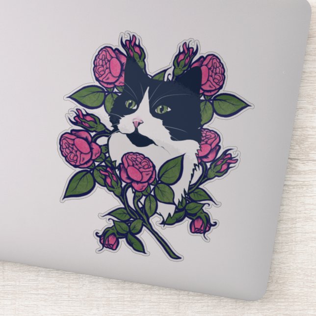 Tuxedo Cat Peony Floral Art Tuxie Cats (Detail)
