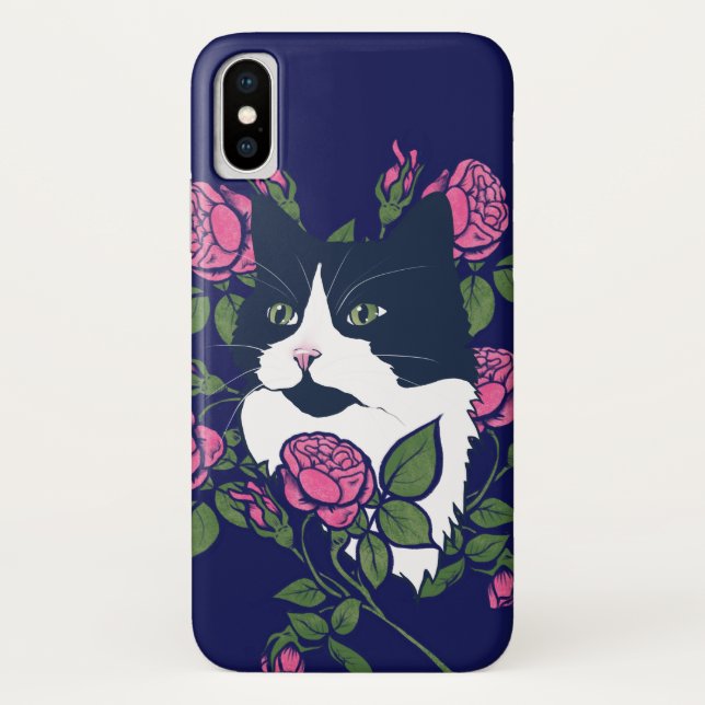 Tuxedo Cat Peony Floral Art Tuxie Cats Case-Mate iPhone Case (Back)