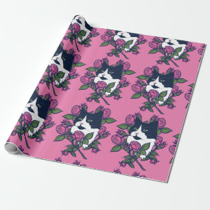 Tuxedo Cat Peony Floral Art Tuxie Cats Wrapping Paper