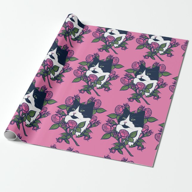 Tuxedo Cat Peony Floral Art Tuxie Cats Wrapping Paper (Unrolled)