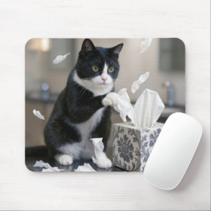 Tuxedo Cat Playing with a Tissue Box Mouse Pad