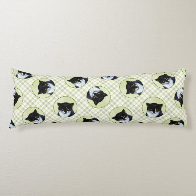 Tuxedo Cat Portrait Painting Cute Original Art Body Pillow (Front)