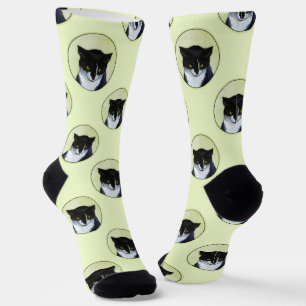 Tuxedo Cat Portrait Painting Cute Original Art Socks
