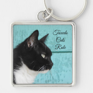 Tuxedo Cat Profile on Teal Keychain